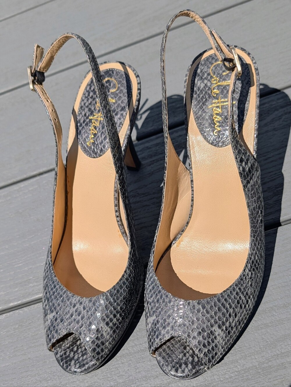 Cole Haan Grey Snakeskin Peep Toe Slingback Heels Nike Air Size 9B